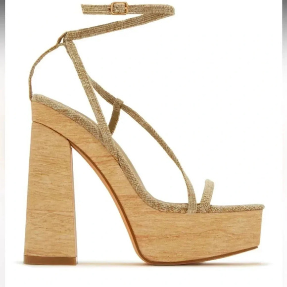 - MMISS LOLA SUNWEAR PARADISE NUDE LINEN STRAPPY BLOCK HEELS SIZE 9 - Picture 4 of 15